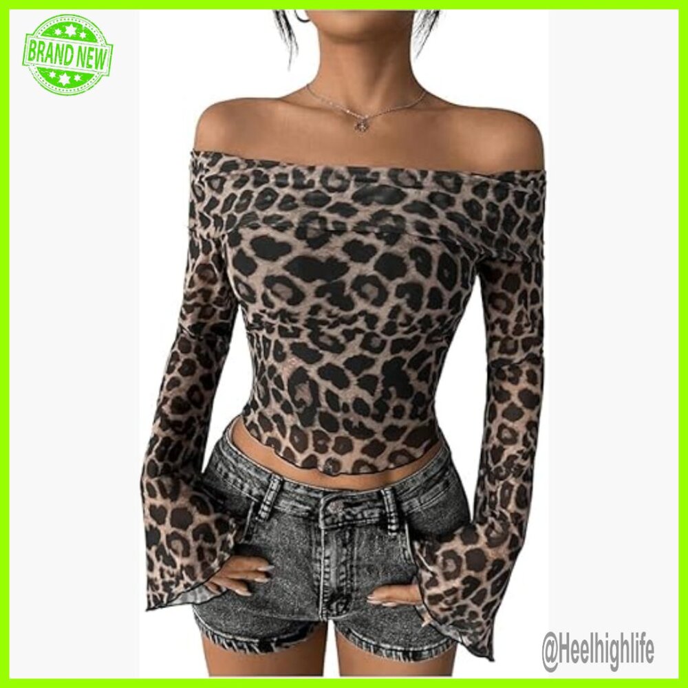 Sheer Leopard Print Off Shoulder Crop Top Long Sleeve Mesh Blouse